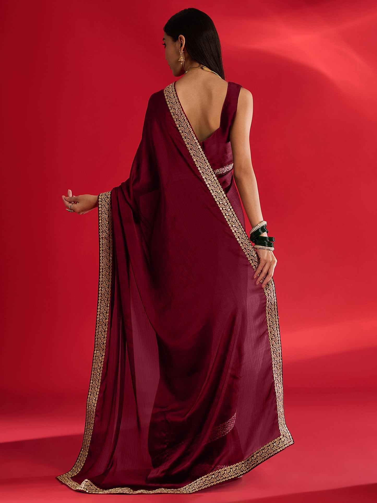Women's Satin Maroon Embellished Designer Saree With Blouse Piece