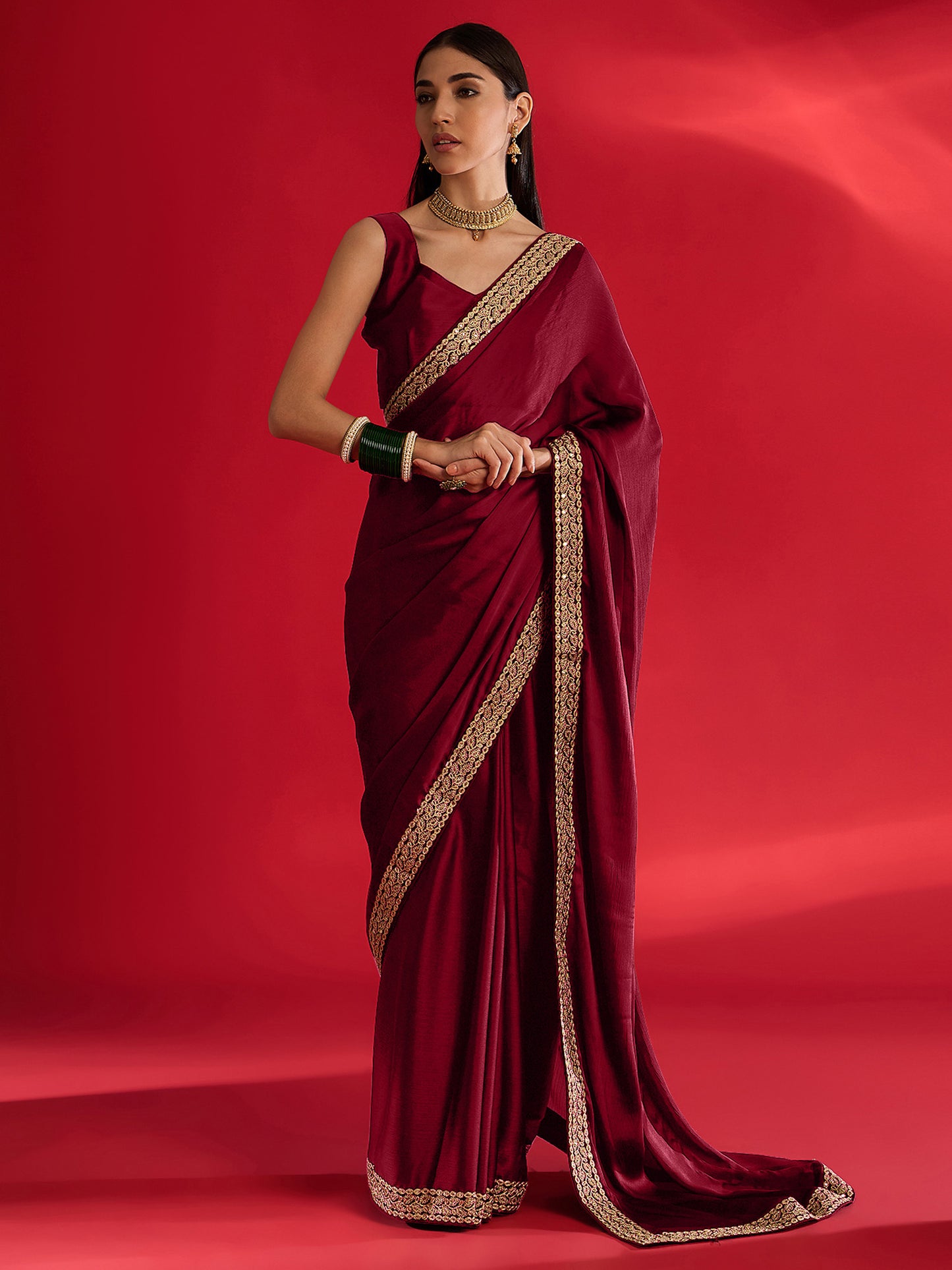 Women's Satin Maroon Embellished Designer Saree With Blouse Piece