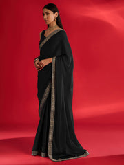 Women's Satin Black Embellished Designer Saree With Blouse Piece