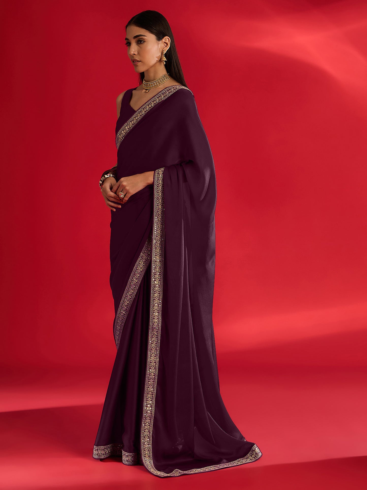 Women's Satin Magenta Embellished Designer Saree With Blouse Piece