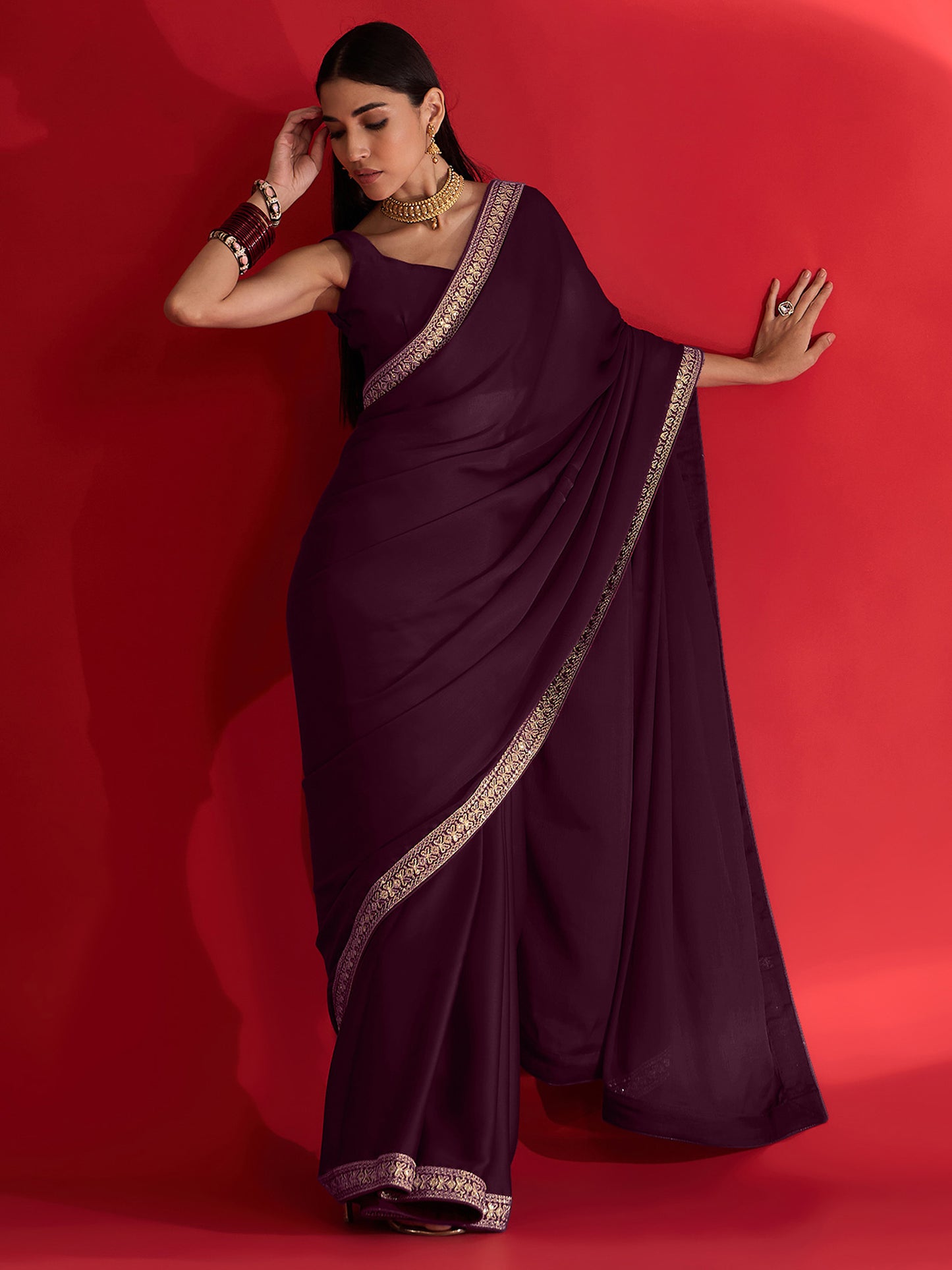 Women's Satin Magenta Embellished Designer Saree With Blouse Piece
