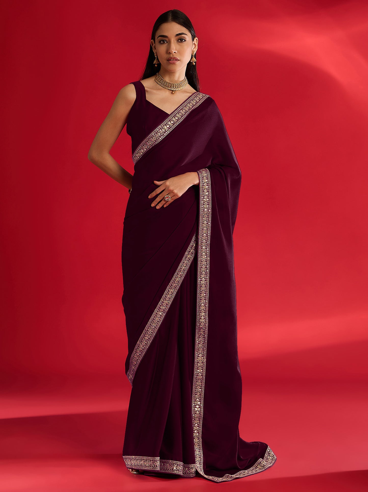Women's Satin Magenta Embellished Designer Saree With Blouse Piece