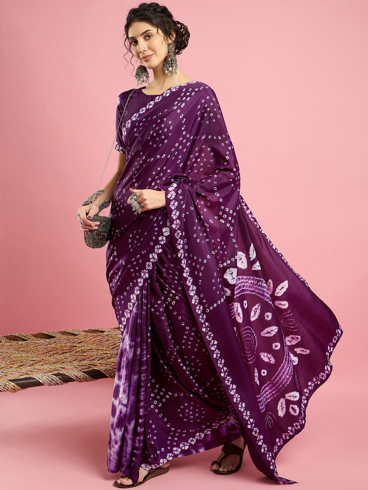 Women's Crepe Purple Printed Designer Saree With Blouse Piece