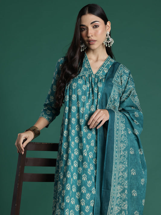 Teal Printed A-Line Kurta Trousers With Dupatta set