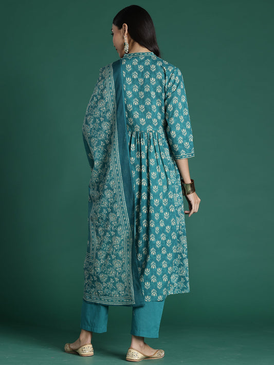 Teal Printed A-Line Kurta Trousers With Dupatta set