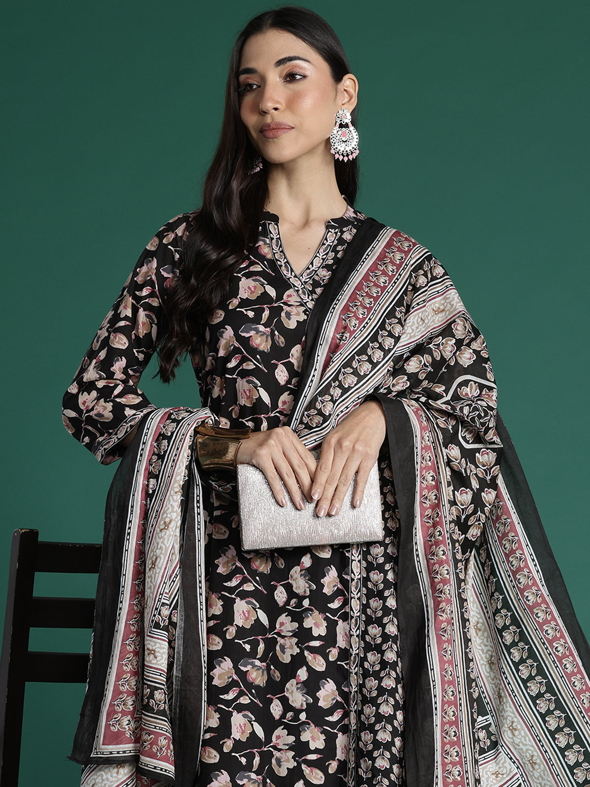 Indo Era Black Printed A-Line Kurta Trousers With Dupatta set