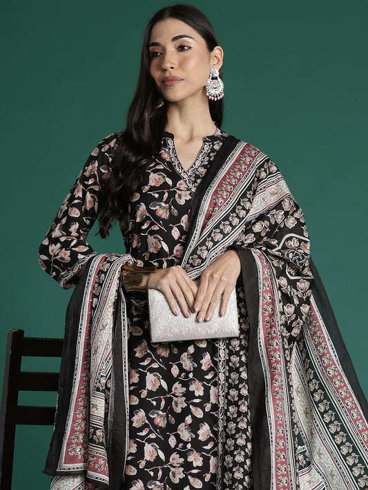 Indo Era Black Printed A-Line Kurta Trousers With Dupatta set