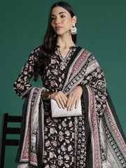 Indo Era Black Printed A-Line Kurta Trousers With Dupatta set