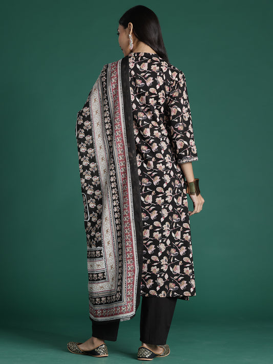 Indo Era Black Printed A-Line Kurta Trousers With Dupatta set