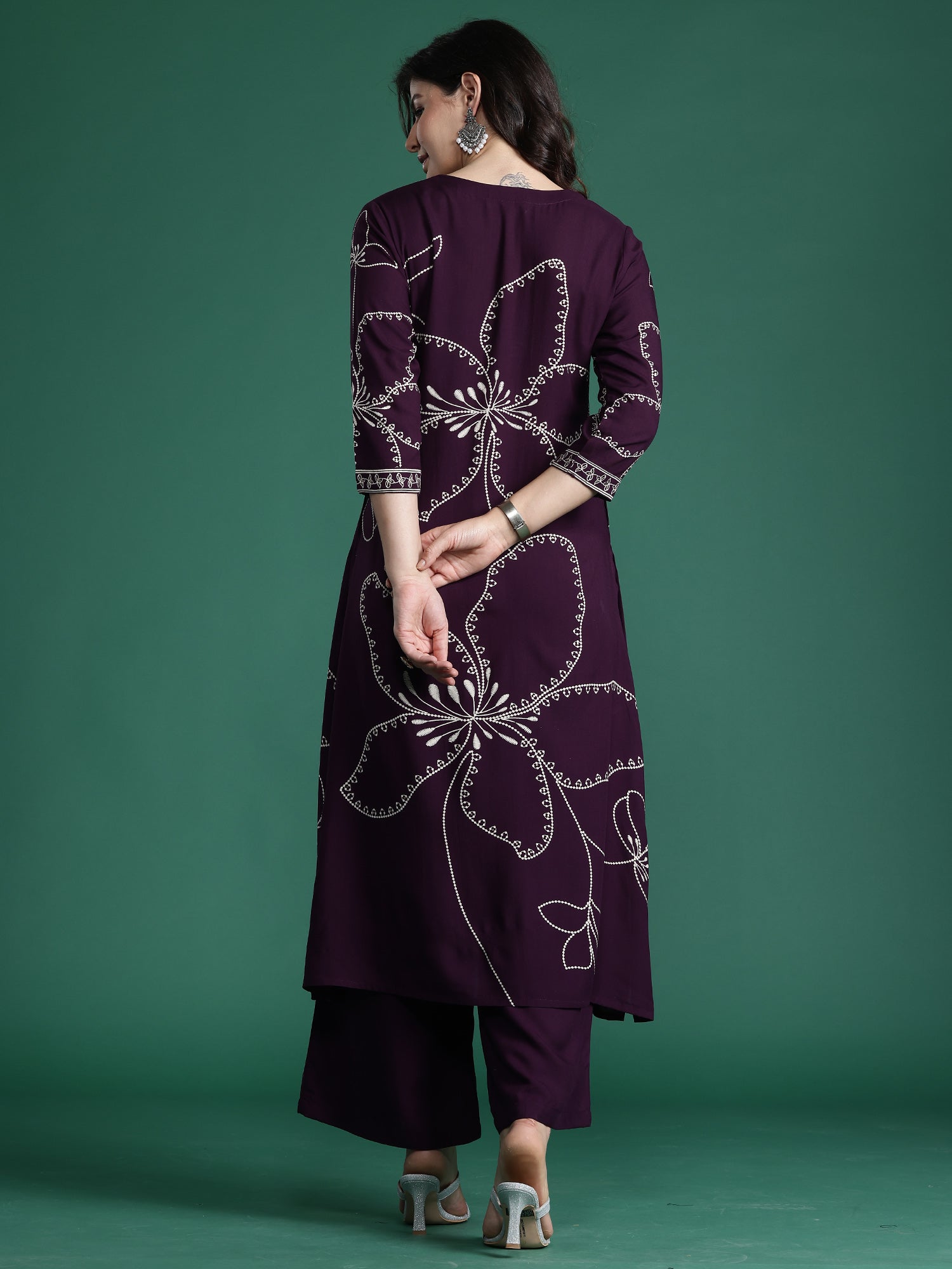 Burgundy Embroidered Straight Kurta Trousers  Set