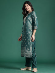 Indo Era Green Embroidered Straight Kurta Trousers With Dupatta Set