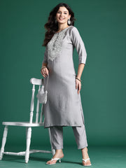 Indo Era Grey Embroidered Straight Kurta Trousers  Set