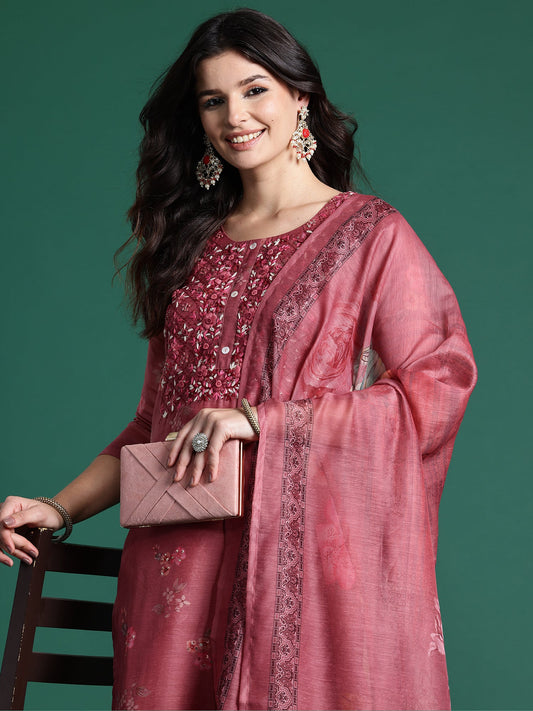 Rust Printed Straight Kurta Trousers With Dupatta Set