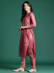 Rust Printed Straight Kurta Trousers With Dupatta Set