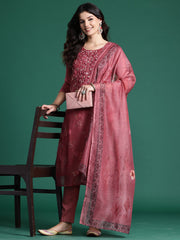 Rust Printed Straight Kurta Trousers With Dupatta Set