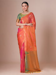 ساري نسائي من الحرير الخالص بلون برتقالي بتصميم منسوج، مع قطعة بلوزة