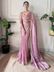 Women's Paper Silk Mauve Embellished Designer Saree With Blouse Piece
