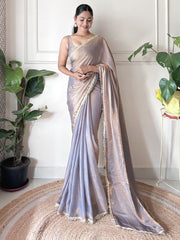 Women's Paper Silk Metallic Embellished Designer Saree With Blouse Piece