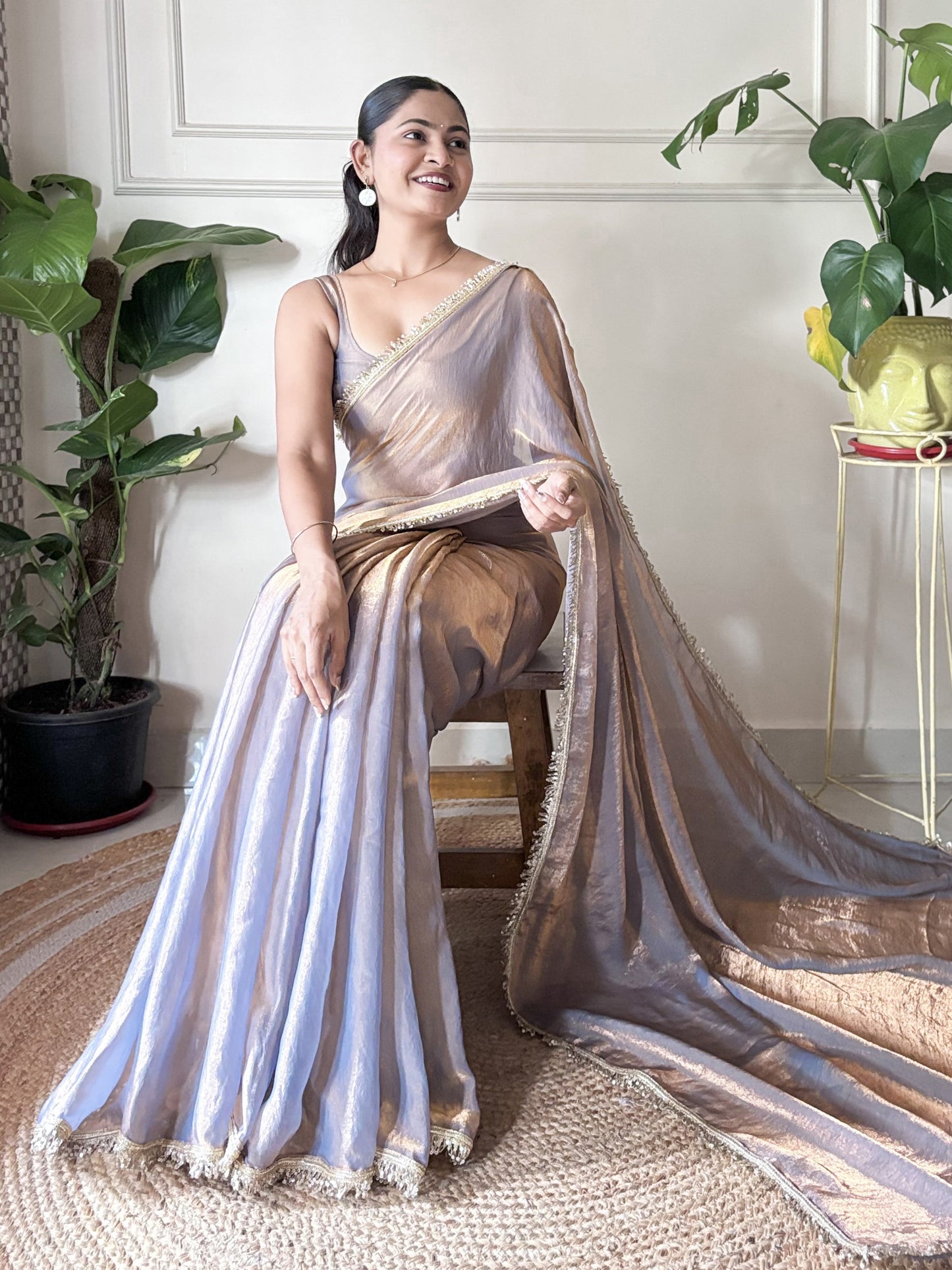 Women's Paper Silk Metallic Embellished Designer Saree With Blouse Piece
