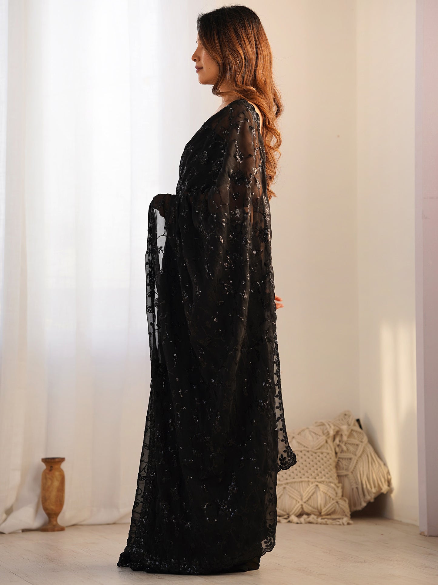 Women's Georgette Black Embellished Designer Saree With Blouse Piece