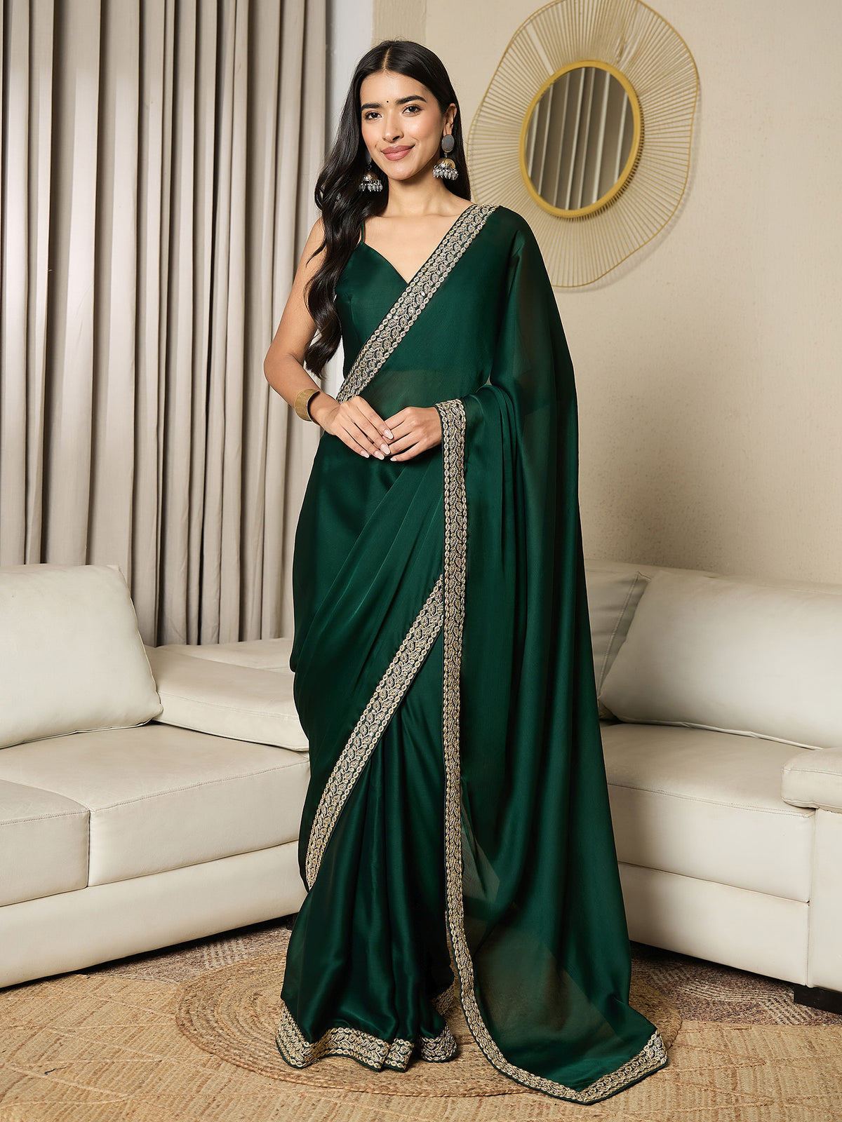 Women's Satin Dark Green Embellished Ready to Wear With Blouse Piece