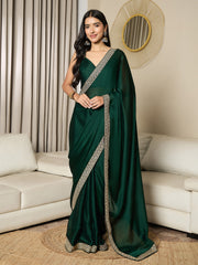 Women's Satin Dark Green Embellished Ready to Wear With Blouse Piece