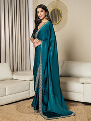 Women's Satin Blue Embellished Ready to Wear With Blouse Piece