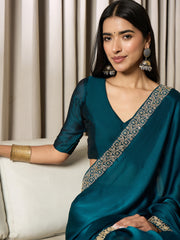 Women's Satin Blue Embellished Ready to Wear With Blouse Piece
