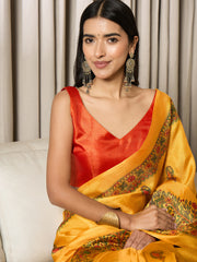 Women's Khadi Silk Mustard Printed Ready to Wear With Blouse Piece