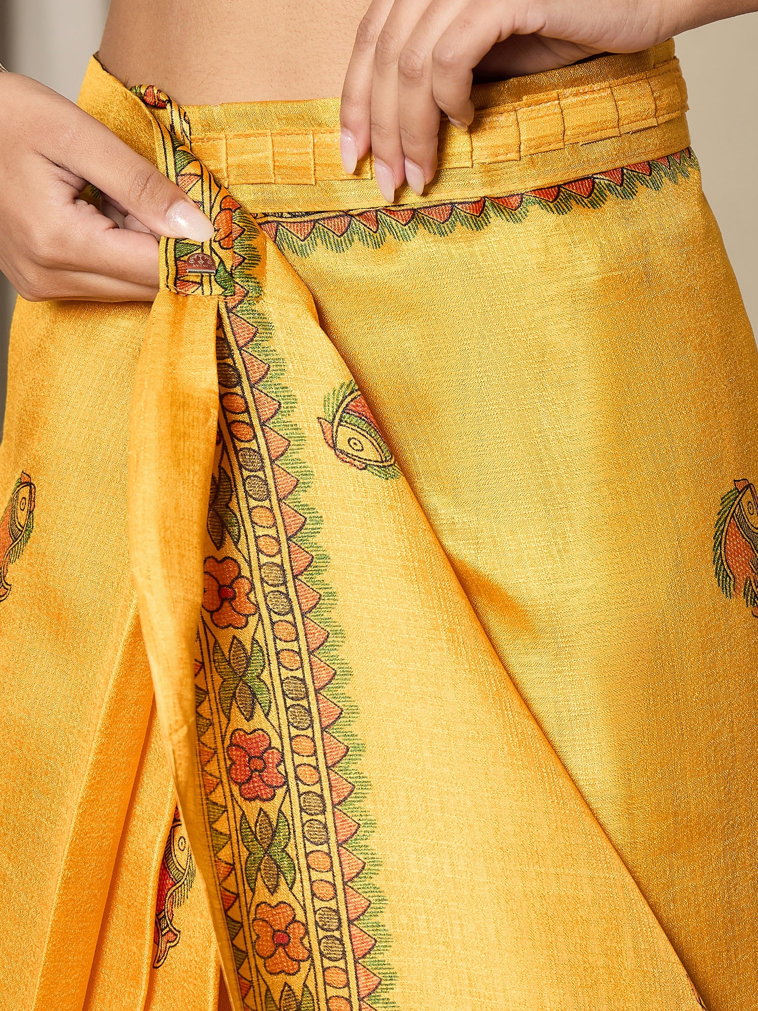 Women's Khadi Silk Mustard Printed Ready to Wear With Blouse Piece