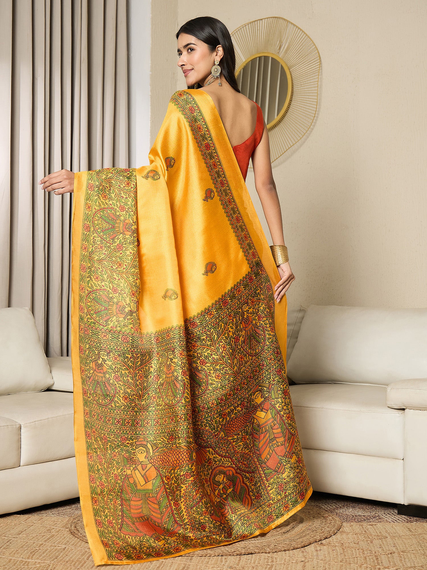 Women's Khadi Silk Mustard Printed Ready to Wear With Blouse Piece