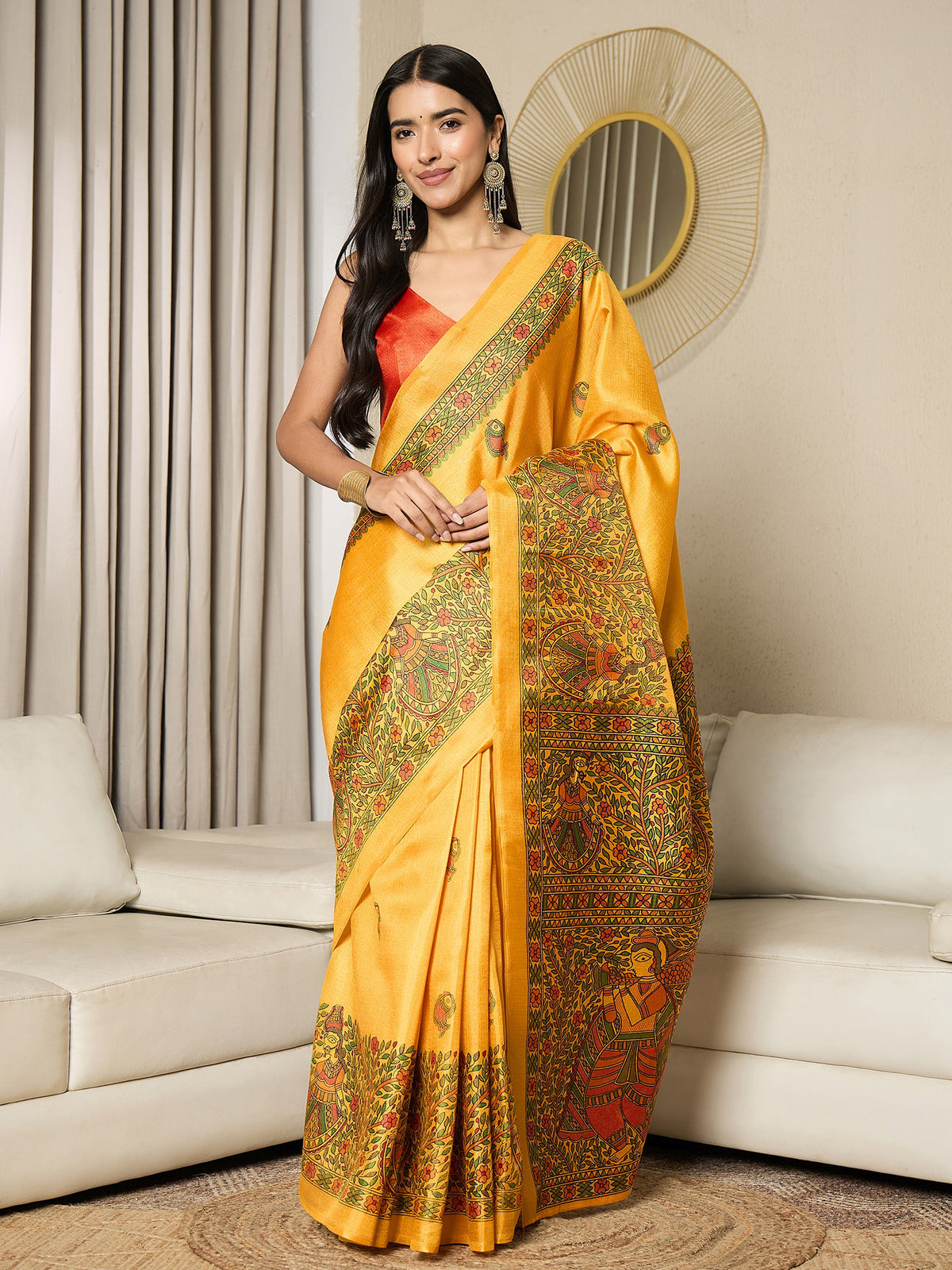 Women's Khadi Silk Mustard Printed Ready to Wear With Blouse Piece