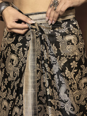 فستان نسائي أسود مطبوع من حرير بهجالبوري، جاهز للارتداء مع قطعة بلوزة