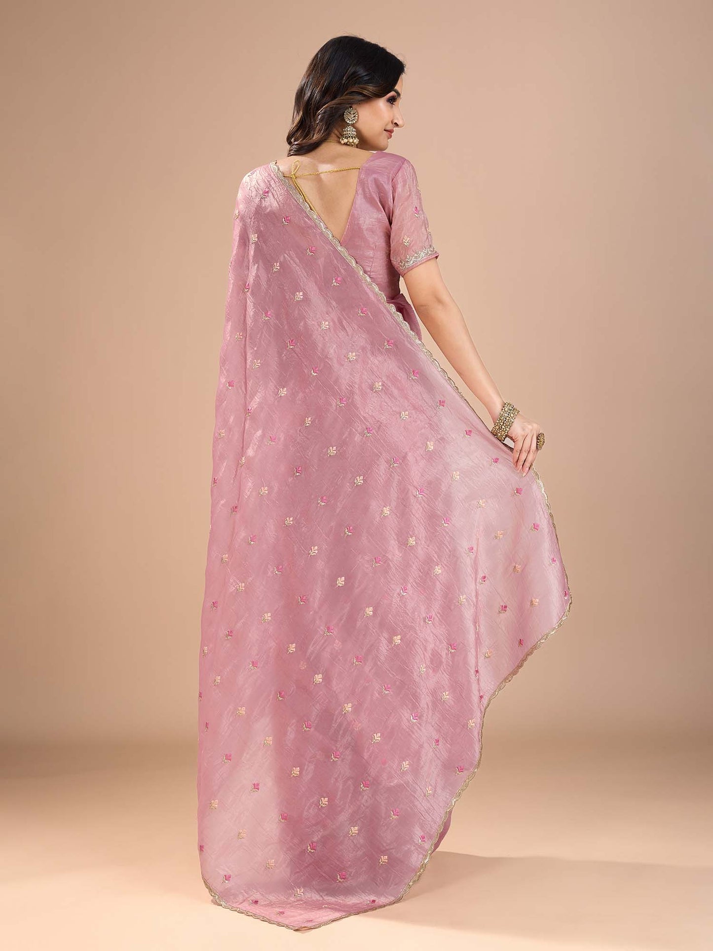 Women's Organza Pink Embroidered Designer Saree With Blouse Piece