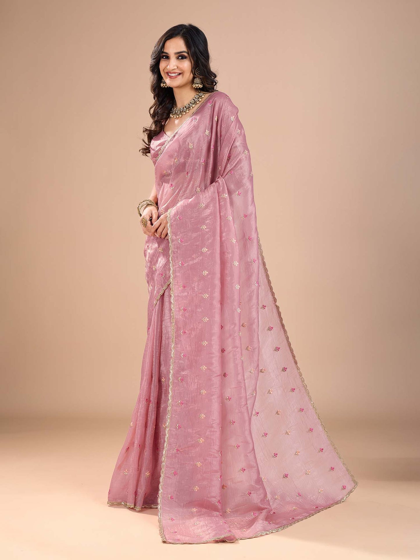 Women's Organza Pink Embroidered Designer Saree With Blouse Piece
