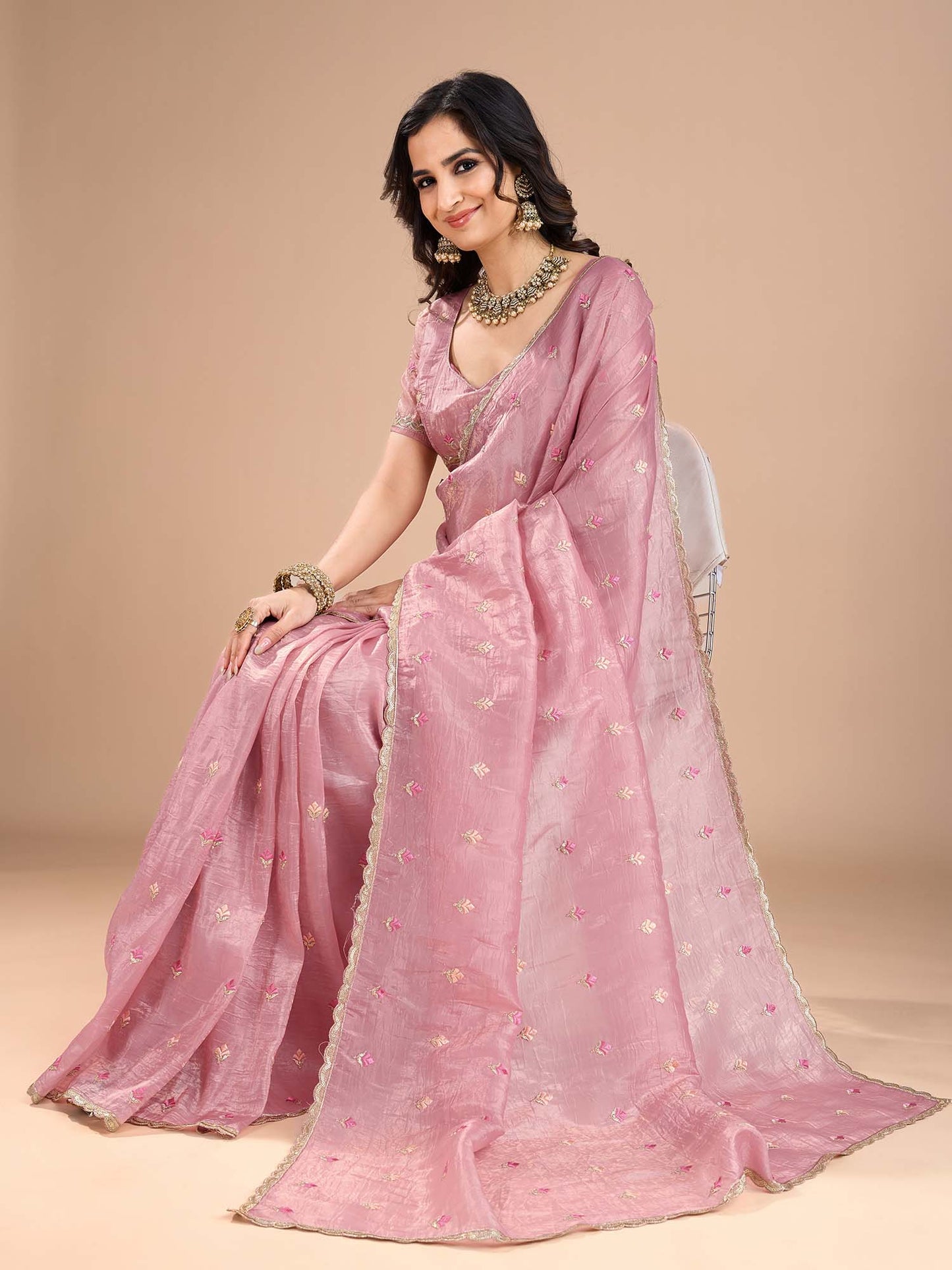 Women's Organza Pink Embroidered Designer Saree With Blouse Piece