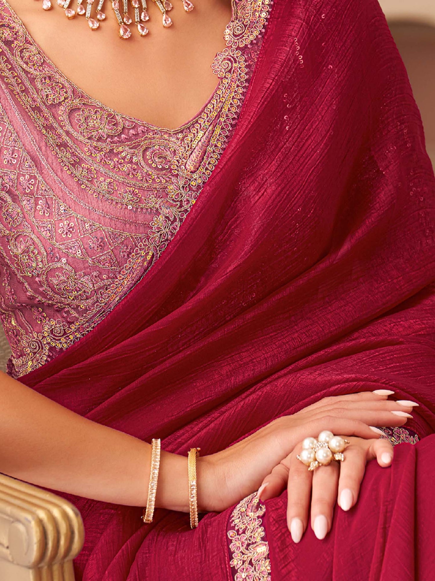 Women's Georgette Pink Embellished Designer Saree With Blouse Piece