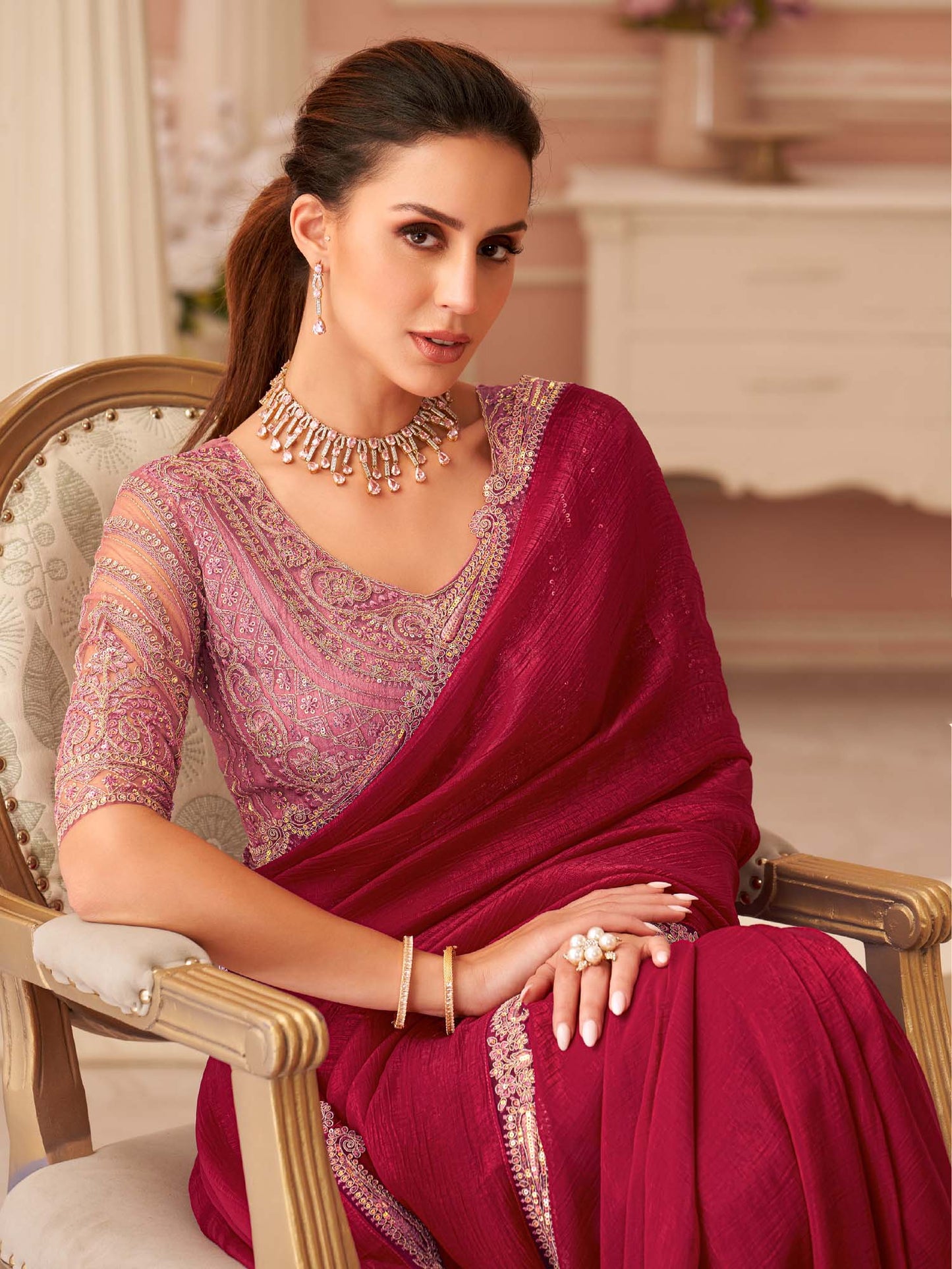 Women's Georgette Pink Embellished Designer Saree With Blouse Piece