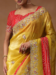 Women's Tissue Yellow Embellished Designer Saree With Blouse Piece