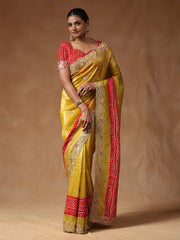 Women's Tissue Yellow Embellished Designer Saree With Blouse Piece