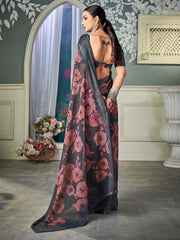 ساري نسائي رمادي مطبوع من الشيفون بتصميم أنيق مع قطعة بلوزة