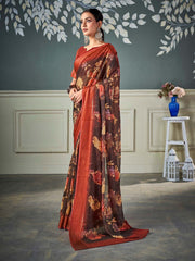 ساري نسائي بني مطبوع من الشيفون بتصميم أنيق مع قطعة بلوزة