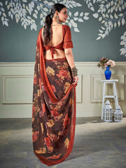 ساري نسائي بني مطبوع من الشيفون بتصميم أنيق مع قطعة بلوزة