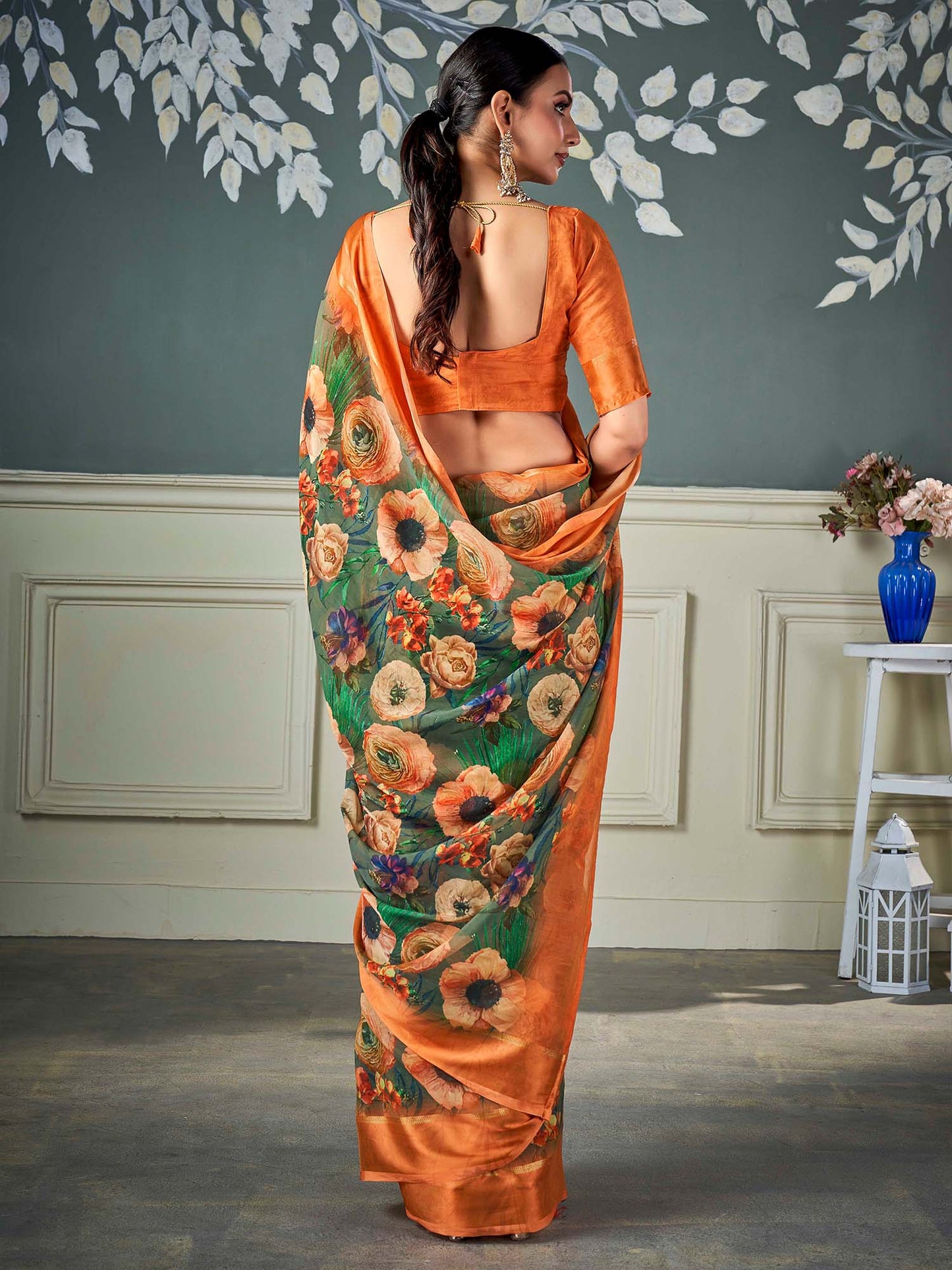Women's Chiffon Olive Printed Designer Saree With Blouse Piece