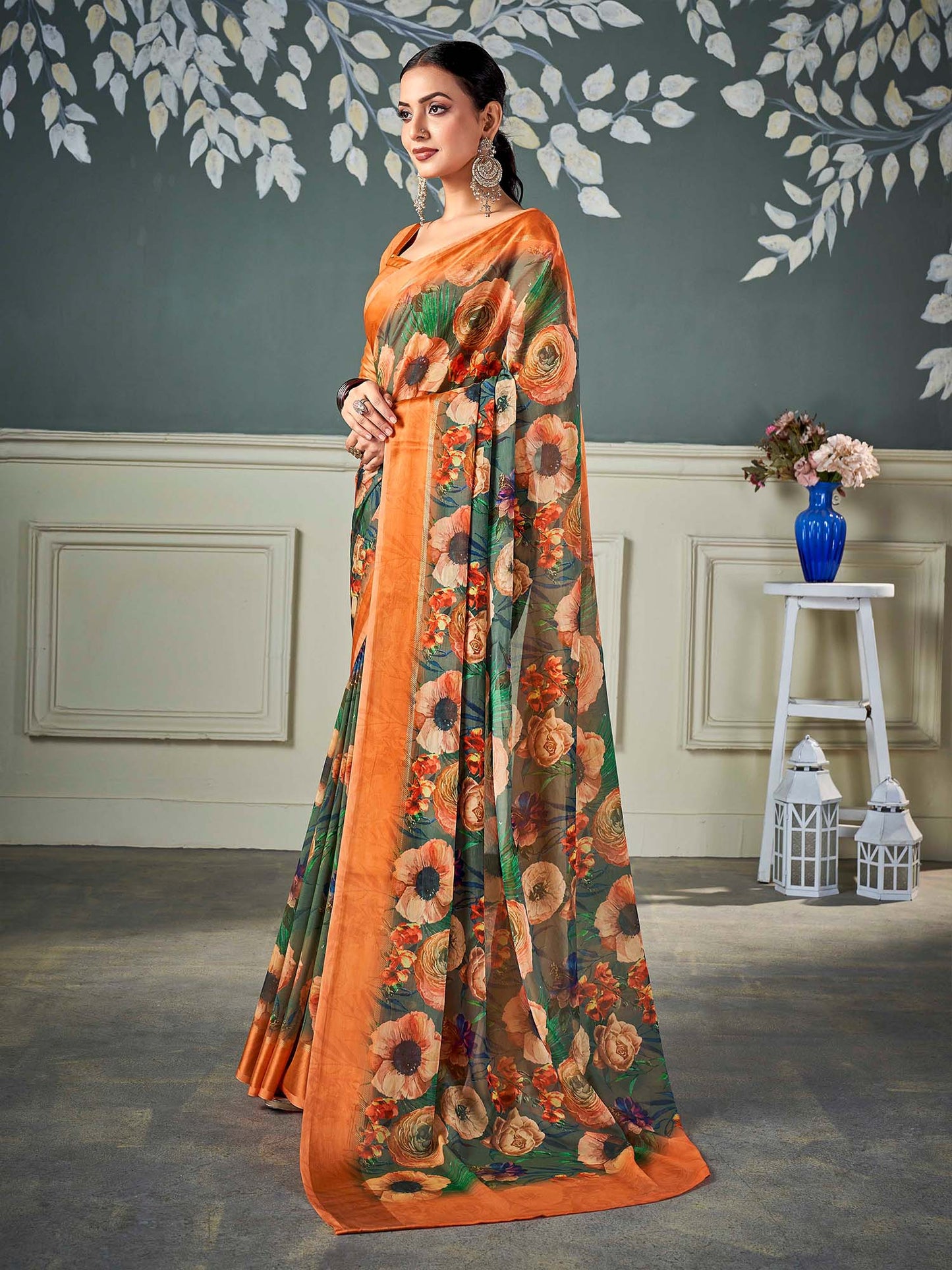 Women's Chiffon Olive Printed Designer Saree With Blouse Piece