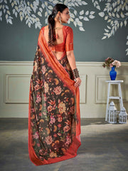 ساري نسائي بني مطبوع من الشيفون بتصميم أنيق مع قطعة بلوزة