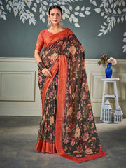 ساري نسائي بني مطبوع من الشيفون بتصميم أنيق مع قطعة بلوزة