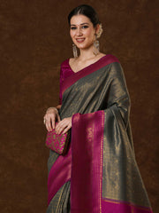 Women's Banarasi Silk Grey Woven Design Designer Saree With Blouse Piece