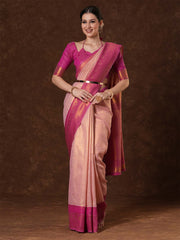 Women's Banarasi Silk Peach Woven Design Designer Saree With Blouse Piece