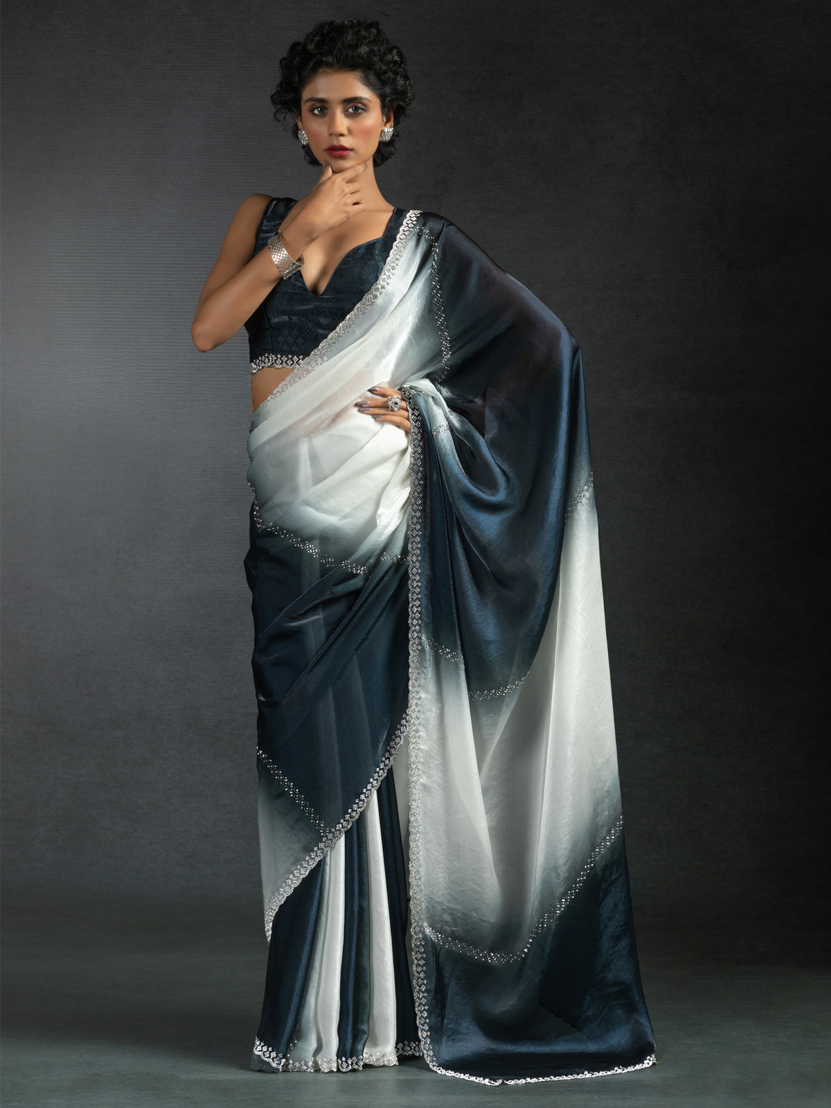 Women's Satin Silk Grey Half & Half Designer Saree With Blouse Piece